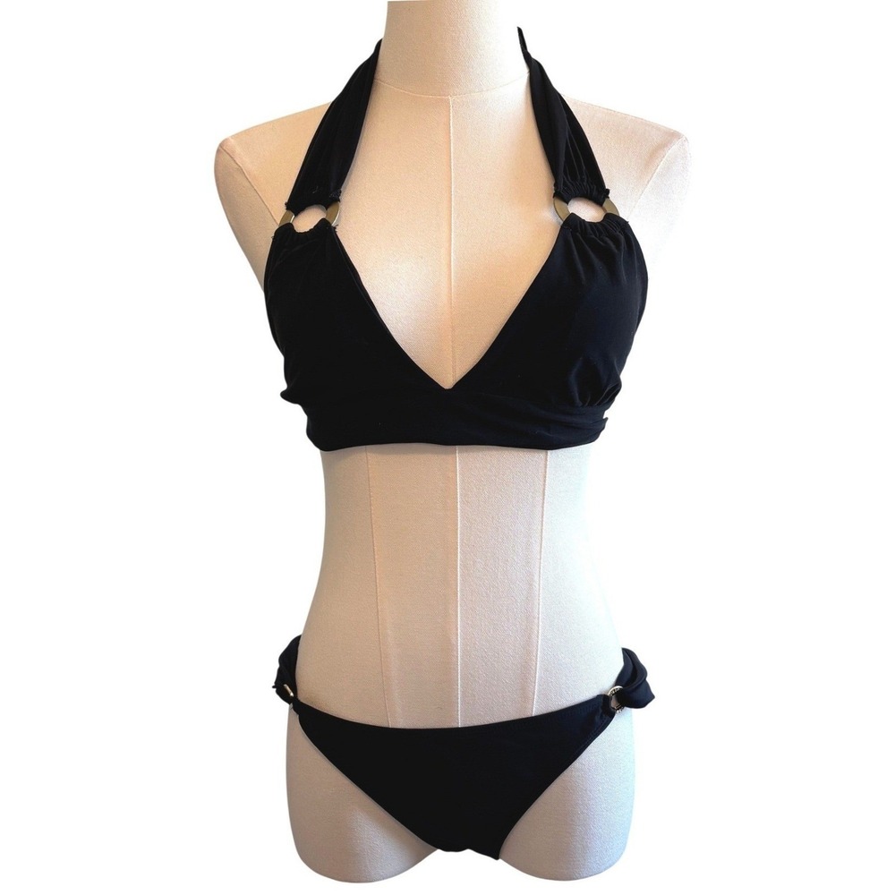 Despi Bikini Set Black Size M Gold Ring Halter Brazilian Luxury